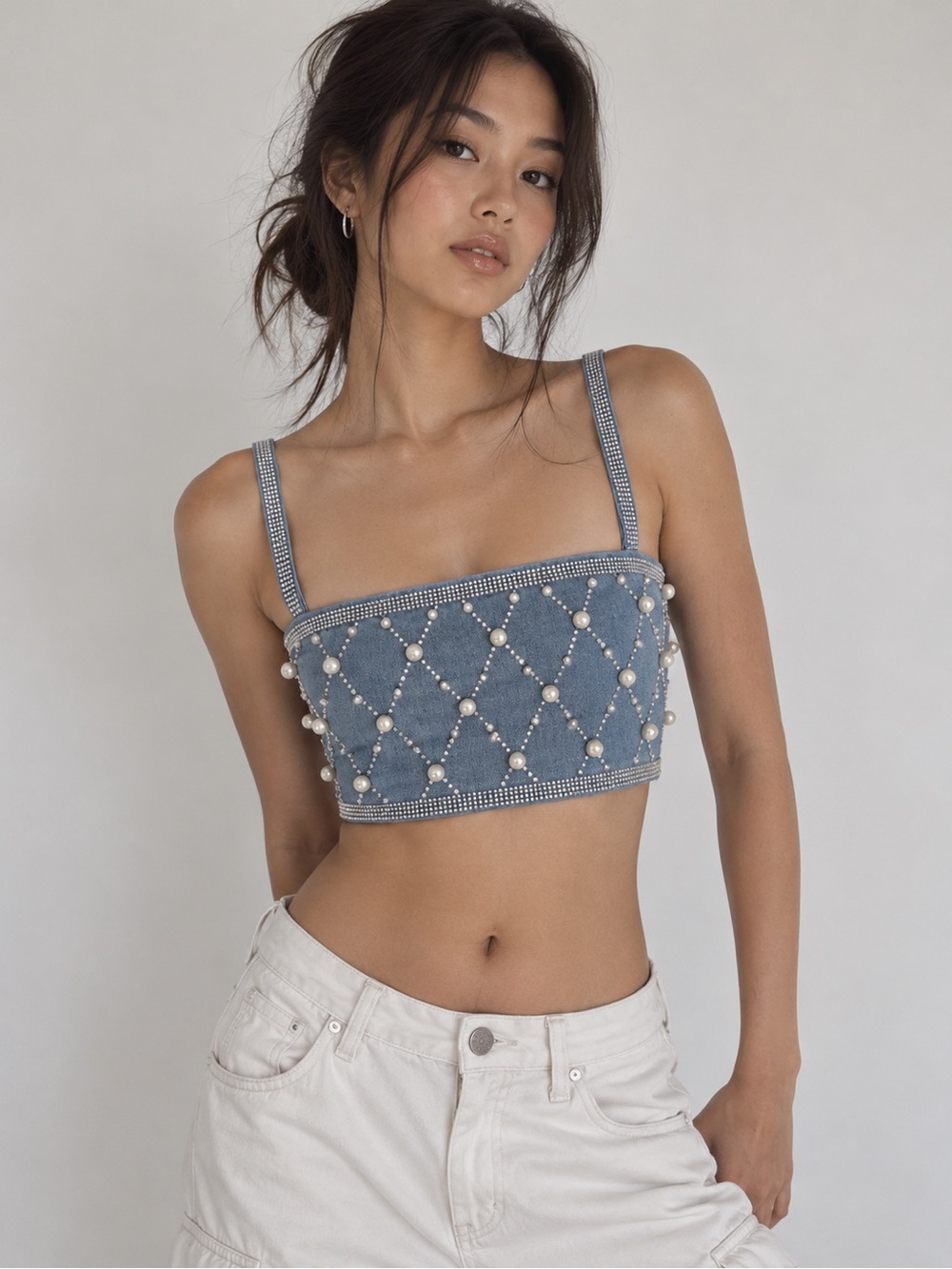 Denim Beaded Pearl Top - Lizette Collection Size Medium